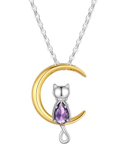 [JustBeingCute]誕生石ネックレスレディース可愛い猫と月ペンダントシルバー925ネックレスチェーン女子誕生日プレゼントボックス付け-6月 7,878円