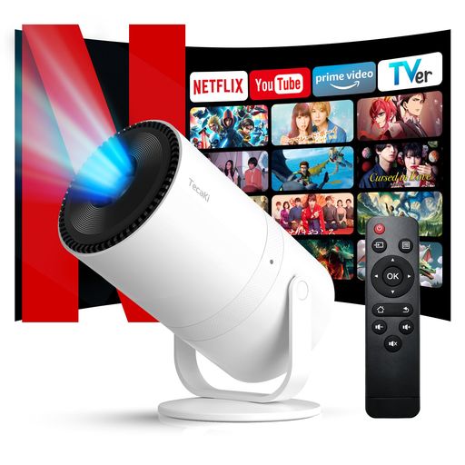 Tecaki Projector Home Use [Android TV Mounted/ Automatic Trapezoid Correction/270° Rotation] Small 1080P Ceiling Projection Quiet 4K Compatible 25000LM Home Projector Bluetooth 5.4 HiFi Speaker Built-In Wifi 6