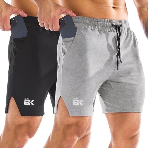 メンズV型解放トレーニングハーフパンツ2枚組隠チャック通気性ショートパンツジム吸汗速乾短パン筋トレポケット付きストレッチランニングパンツトレーニングウェア(ブラック/ライト…