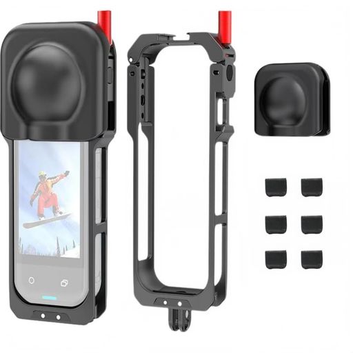 Insta360X5対応カメラ拡張ケージアルミ合金製ケージ+シリコン製レンズプロテクター1/4のネジ穴デュアルインスタ360X5用保護ケースアクセサリーセット
