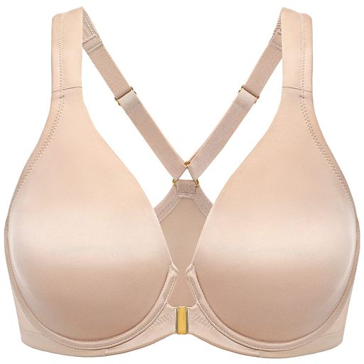 [DELIMIRA]フロントホックブラジャーレディース大きいサイズサテン質感ワイヤー入りパッドなしTシャツブラベージュD100