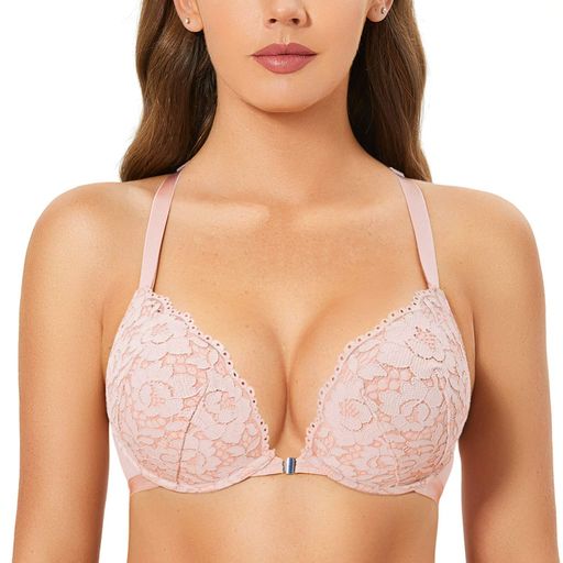 [DOBREVA]ブラジャーレディースフロントホックブラ花柄レースレーサーバックワイヤー入りプッシュアップバストアップブラ美乳アドビローズF85