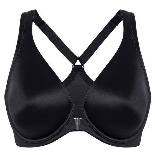[DELIMIRA]フロントホックブラジャーレディース大きいサイズサテン質感ワイヤー入りパッドなしTシャツブラブラックC90