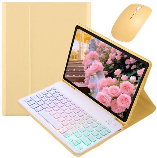 マウス付きiPad第6/5世代9.7インチ用キーボードケースカラフルバックライト付きiPadAir/Air2/Pro9.7インチ用キーボードカバーお洒落可愛いマグネット分離式女性学生ビジネス黄色+白