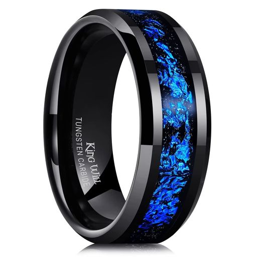 [KingWill]メンズリングタングステン指輪幅8mmブラック結婚指輪ブルーフォイルインレイサイズ11