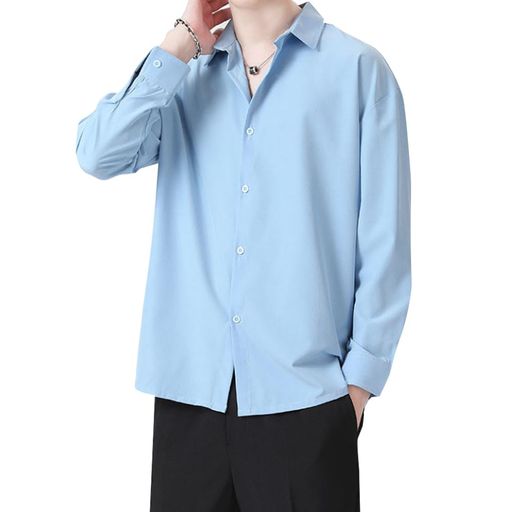 [GUTHONG]シャツメンズ半袖長袖夏服メンズ大きいサイズワイシャツカジュアル通気性シンプルオシャレゆったり柔らかい無地人気春夏秋メンズシャツshortblue3XL