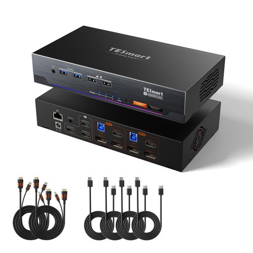 TESmart 8K@60Hz KVMスイッチ 2入力3出力 DisplayPort+HDMI 2PC用3モニター USB3.0 4K@120Hz/144Hz KVM切替器 EDID機能/ギガビットLANポート L/Rオーディオポート ホットキー切替|ベストプライスオンライン