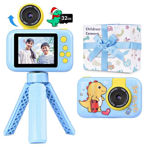 子供用カメラゲームなしキッズカメラ三脚付き1080Pビデオカメラ、32GBSDカード付きトイカメラ、回転レンズ付き小学生用2.4インチディスプレイデジタルカメラ初心者コンパクトカメラおも…
