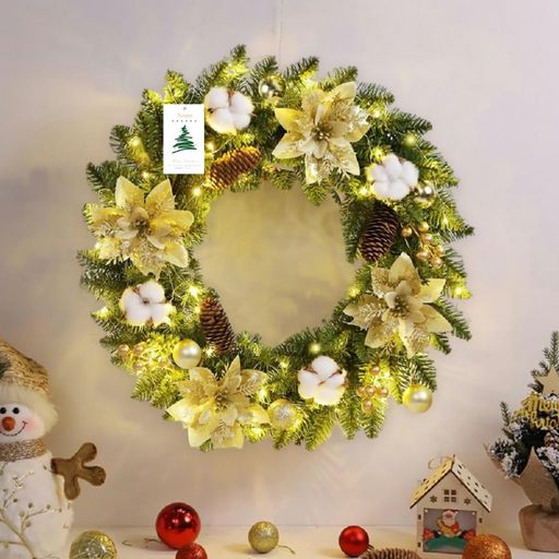 NICOJOY クリスマスリース 玄関ドア用 直径40CM LEDライト付き クリスマス 飾り フラワーリース ナチュラルリース 花輪 壁掛け 電池式 高級風 おしゃれ リアル 手作り 室内 置物 玄関 屋外 庭 パーティ イベント ドア 店舗飾り