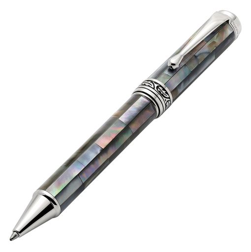Xezo Maestro Twist Action Ballpoint Pen, Medium Point. Black Mother of Pearl with Platinum Plated. Handcrafted, Limited