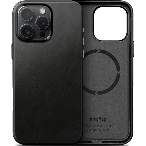KingflagiPhone16ProMax対応本革レザーケースMagSafe対応、オイルワックス仕上げ、金属ボタンとレンズ保護エッジ、マイクロファイバー内張り、フルレザーカバー