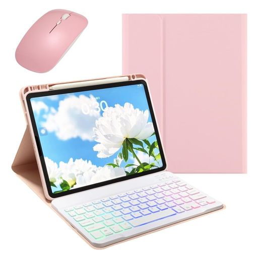KMXDDマウス付きiPad10.2インチ第9/8/7世代用キーボードケースカラフルバックライト付きiPadAir3Pro10.5インチ用キーボードカバー分離式7色虹色バックライトピンク+白