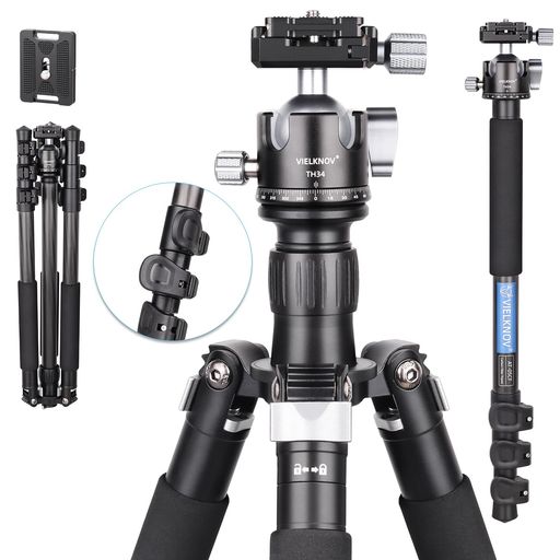 VIELKNOV軽量カーボン三脚34mmボール低重心自由雲台付きコンパクトトラベルカーボンファイバーカメラビデオ三脚一脚可変4段レバーロック式DSLR/一眼レフ/デジタルに適用耐荷重15キロ
