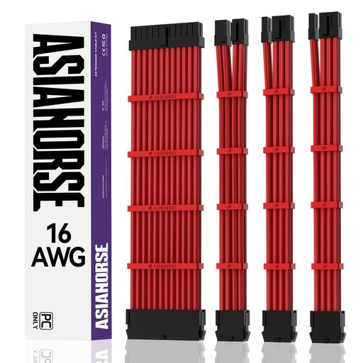 AsiaHorsePC用スリーブケーブルGPU/CPU用PC電源延長ケーブル赤[16AWG高性能銅コア]4本&30CM2本の8ピンGPU1本の8ピンCPU1本の24ピンル柔軟で管理が容易です