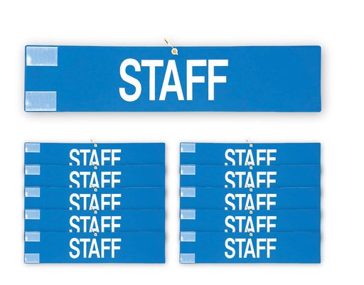 腕章スタッフ10枚セット日本製マジックテープ安全ピン付きイベント学校STAFF(ブルー)