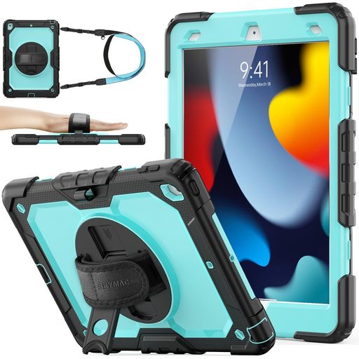 SEYMACstockiPad10.2インチ第9世代/第8世代/第7世代専用ケース耐衝撃保護フィルム付きペン収納360°回転スタンドハンドストラップショルダーストラップ全面保護カバー(スカイブルー+ブラック)
