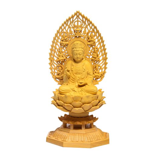 THECHANGER繁樓藝雕仏像観音像観音菩薩仏壇仏像木彫り置物飛天光背八角台座柘植の木祈る厄除け(高さ17CMx巾8.5CMx奥行8.5CM)