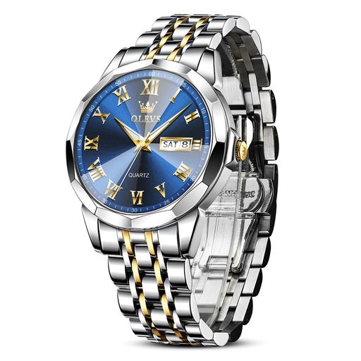 OLEVS腕時計メンズ人気防水アナログクオーツ腕時計ブルーMen’sWatchオシャレ男性用ビジネスウオッチ日付曜日青文字盤ファッションとけいゴールドシルバーステンレスバンドかっこいい夜…
