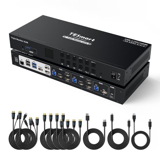 TESmart 4入力3出力 KVMスイッチ HDMI+DP+USB-C MST対応 USB3.0 4PC3モニター KVM切替器 4K@60Hz 4ポート KVM切り替え器 4台パソコン3ディスプレイ用 L/Rオーディオ&マイク LANポート｜ベストプライスオンラインストア