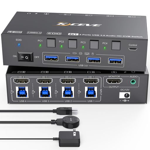 KVMスイッチ4台のコンピューター8K@60Hz4K@120Hz、シミュレーションEDID、4台のコンピューター用USB3.0KVMスイッチ、1台のモニターを共有、キーボード、マウス、ヘッドセットを共有、有線リモ…