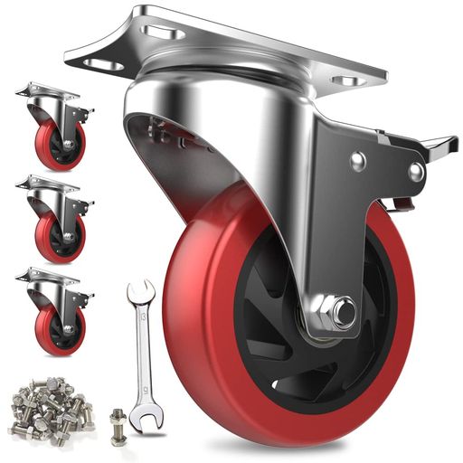 COOWOO4インチキャスター4個セット車輪ブレーキ付き高耐久性単個耐荷重175kg360度回転静音ミュートシリーズDIY家具交換キットホイール径100mm赤