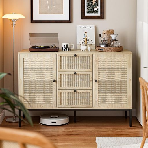 IKIFLY ラタンキャビネット 木製 サイドボード 幅120cm(3扉) IKIFLY ラタンキャビネット 木製 サイドボード 幅120cm(3扉) IKIFLY