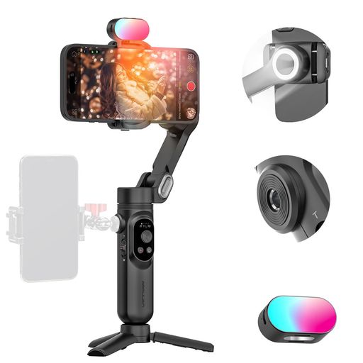 AOCHUANハンドヘルド3軸ジンバルスタビライザーiPhone&Androidスマートフォン用ジンバル揺れ防止1/4スレッド付きRGB磁気ライトAIトラッキング電話ホルダーTikTok/YouTube/YouTube用Vlog用
