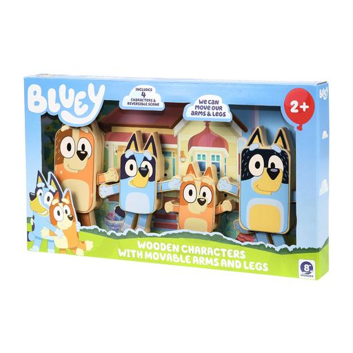 BlueyCharacters木製フィギュア4個セットカラフルな関節式幼児用木製おもちゃビンゴ、チリ、バンディット付きブロックセット対象年齢3歳以上。