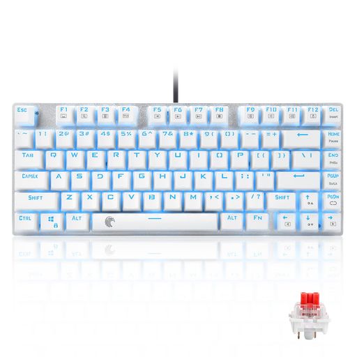 e元素ゲーミングキーボード81キー赤軸メカニカル式キーボードUSB接続有線アンチゴーストキー青色LEDバックライト防水機能付きゲーマー向け英語配列キーボード(赤軸・ホワイト)
