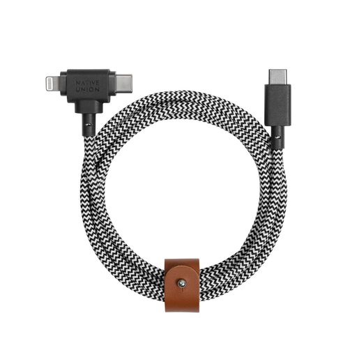 NativeUnion(原住民単位労働組合)BeltCableDuo?1.5m超豪然たる編組ユニバーサル申し受ける有線テレビ?生まれ変わり原料品製?2-インチ-1マルチデバイスMFi証明繋ぎ、LightningおよびType-Cデバイス向け(ゼブラ)