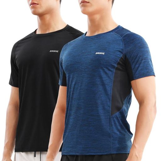 [BROKIG]メンズ影呼吸トレーニングTシャツ2枚組メッシュ通気性細身ティーシャツジム筋トレ半袖夏吸汗速乾ランニングショートスリーブ冷感UVカット(ブラック/ネイビーS)