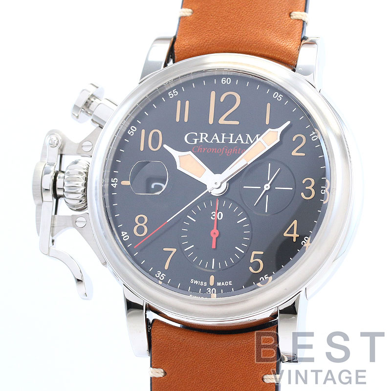【お買い出しマラソン制限事項クーポン券別れ別れ中♪】グラハム 【GRAHAM】 クロノファイター 地びた ヴィンテージ 2CVDS.B36A.L153F メンズ 黒いこと ステンレス鋼スチール写真 ウオッチ 時辰儀 CHRONOFIGHTER GRAND VINTAGE BLACK SS 【中【中古】 腕時計-メンズ腕時計