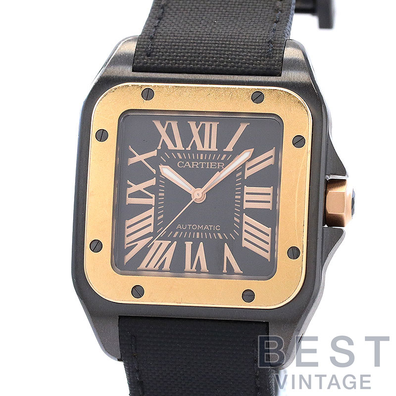 【お買い出しマラソン制限事項クーポン券別れ別れ中♪】【OH済】 カルティエ 【CARTIER】 サントス 100 炭素 W2020009 メンズ 黒いこと ステンレス鋼スチール写真(ADLC)/K18さくら色ゴールド ウオッチ 時辰儀 SANTOS 100 CARBON LARGE MODEL 【中古】 メンズ腕時計-腕時計