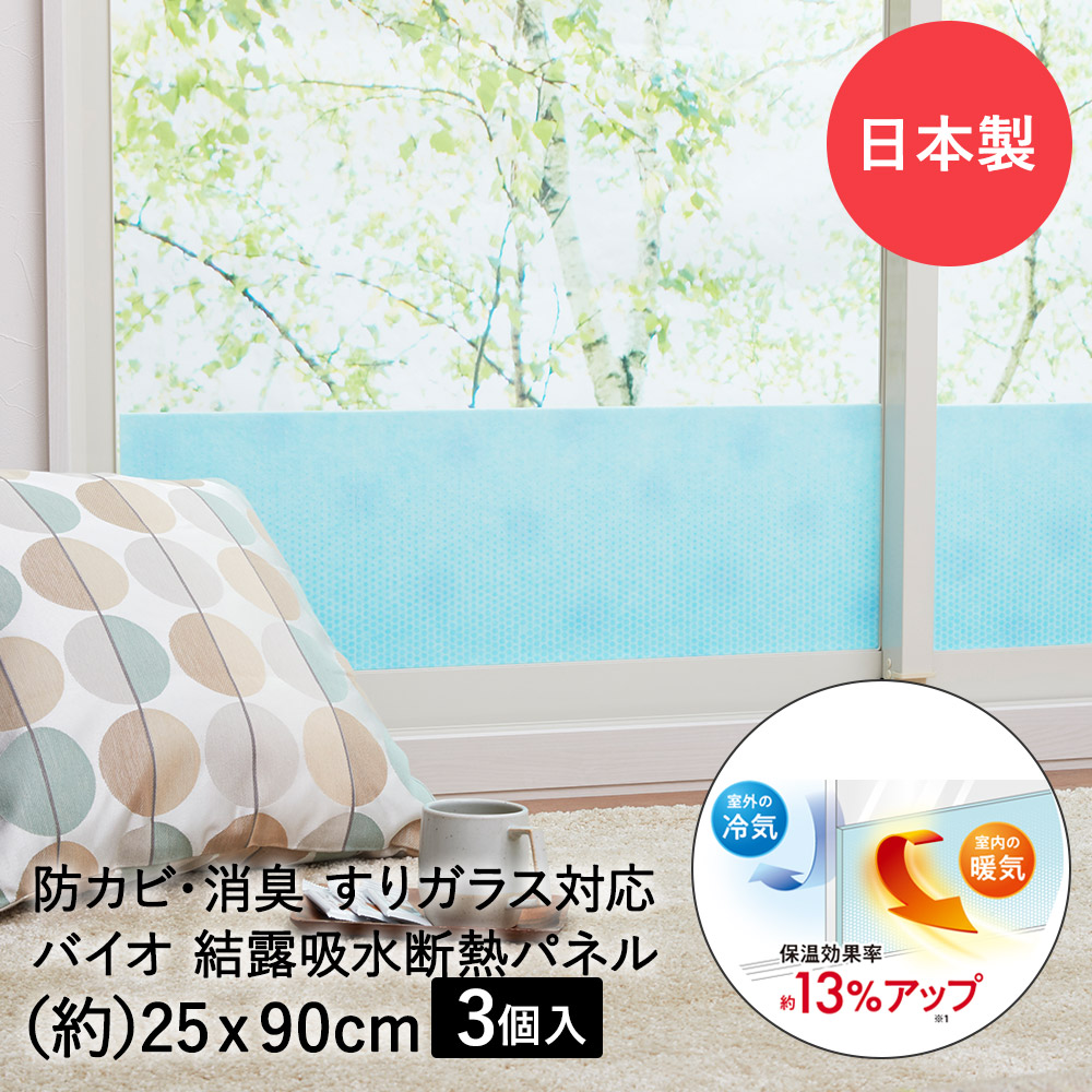 バイオ 結露吸水断熱パネル すりガラス対応 ドット 25×90cm 3個セット アール 日本製 |結露吸水 吸水テープ 窓 窓ガラス 結露 結露対策 断熱シート 断熱パネル 結露防止シート 防カビ 結露取り 吸水 消臭 保温 冬対策 結露対策グッズ 冷気 遮断 窓パネル 吸水シート シート