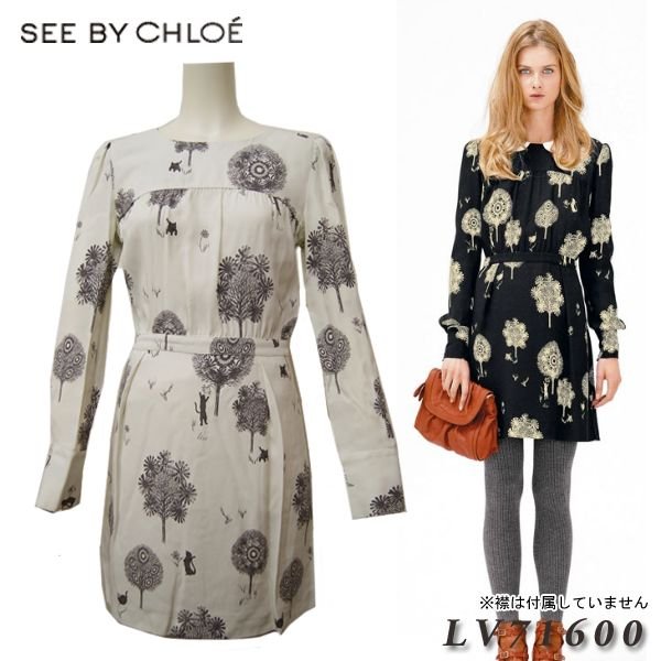 ★ ★ シーバイクロエ SEE BY CHLOE ツリー&キャット プリント ワンピース ブラック ホワイト LV71600 【送料無料】 【コンビニ受取可】 【海外配送 可】 【国際配送】