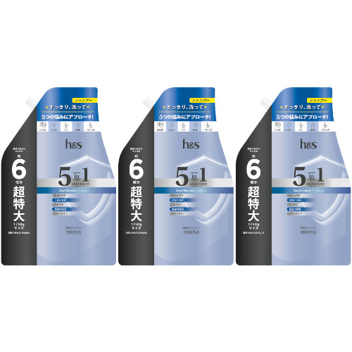 【3個セット】ｈ＆ｓ ５ｉｎ１ クールクレンズ シャンプー つめかえ超特大サイズ 1750g(4987176243263-3)
