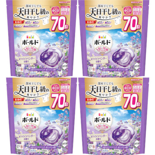 【4個セット】ボールドジェルボール４Ｄ心安らぐホワイトラベンダー＆ジャスミンの香り つめかえハイパージャンボサイズ 70個入(4987176292452-4)