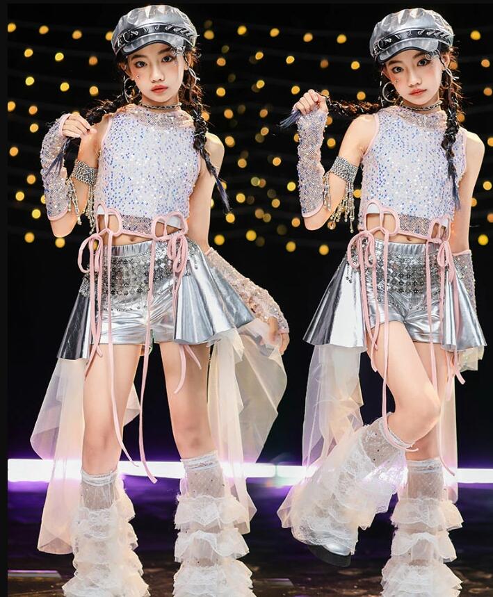女子ダンス衣裳 スカートダンス衣装 ジャズダンス 衣装 スカートセット 子供 キラキラ スパンコール ヒップホップ ダンスウェア チアダンスステージ衣装　女の子ステージ衣装 団体 ダンスウエア JAZZ HIPHOP ダンス 衣装 文化祭 イベン出演服 お揃いウエアカジュアルスカートセット