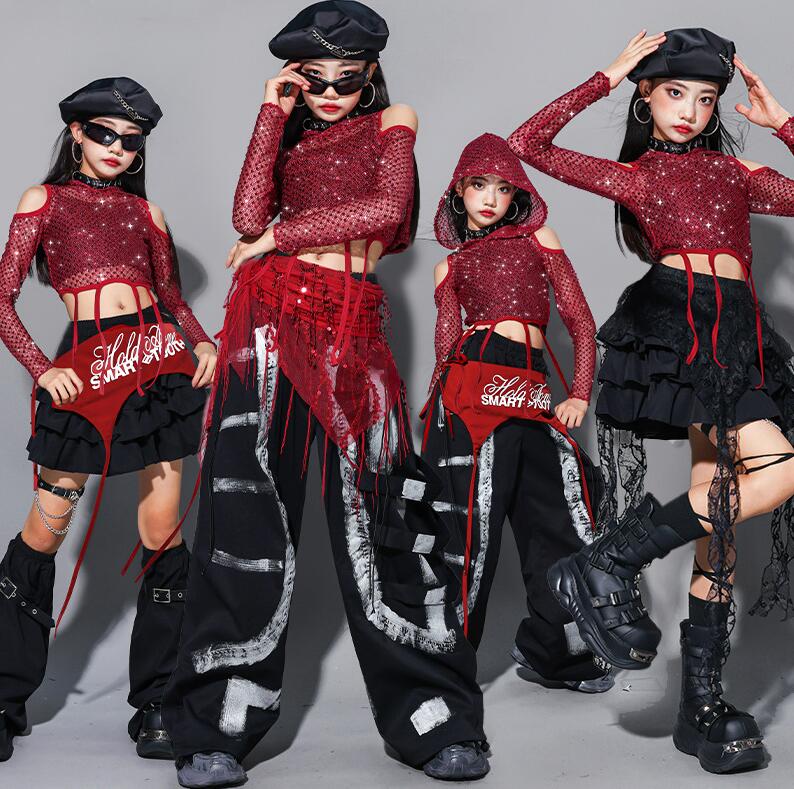 赤トップス 子供ダンス衣装 肌透Ｔシャツ 肩穴 スパンコール付き ガーコパンツ プリンツスカート 女の子ステージ衣装　長袖トップス ジャズダンス衣装 子供ヒップホップ 衣装 演出服 キッズ ジャズ ヒップホップ 演出服 子供 jazz hiphop チアダンス 演出服110-180CM