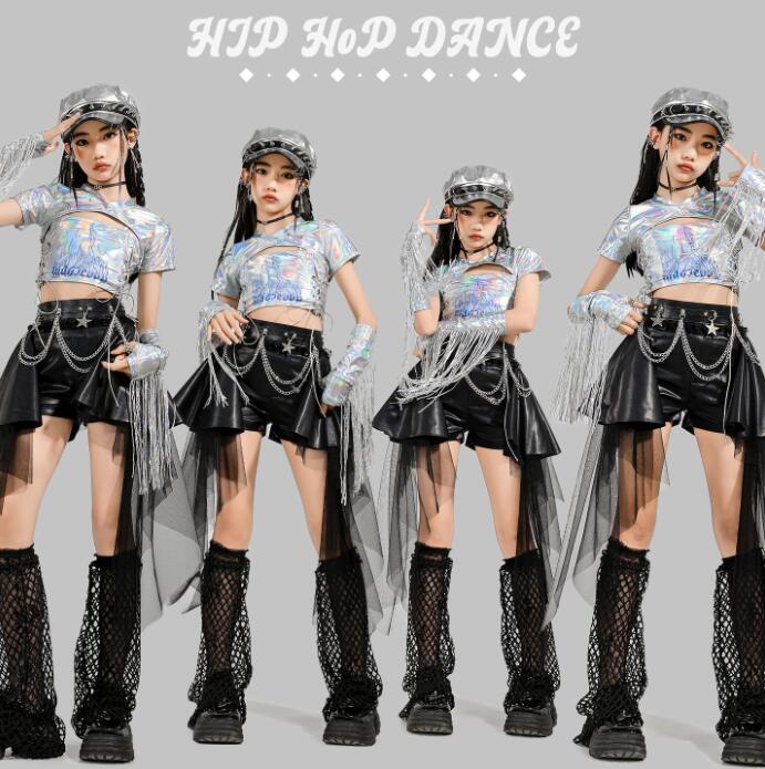 ガールズダンス衣装 女子ダンス衣装 ジャズダンス衣装 子供ヒップホップ 衣装 フリンジ付き袖カバー レザーパンツ スカート風パンツ 光沢あり 演出服 パンツセット ミニパンツ キッズ ジャズ ヒップホップ 演出服 子供 jazz hiphop チアダンス 演出服110-180CM