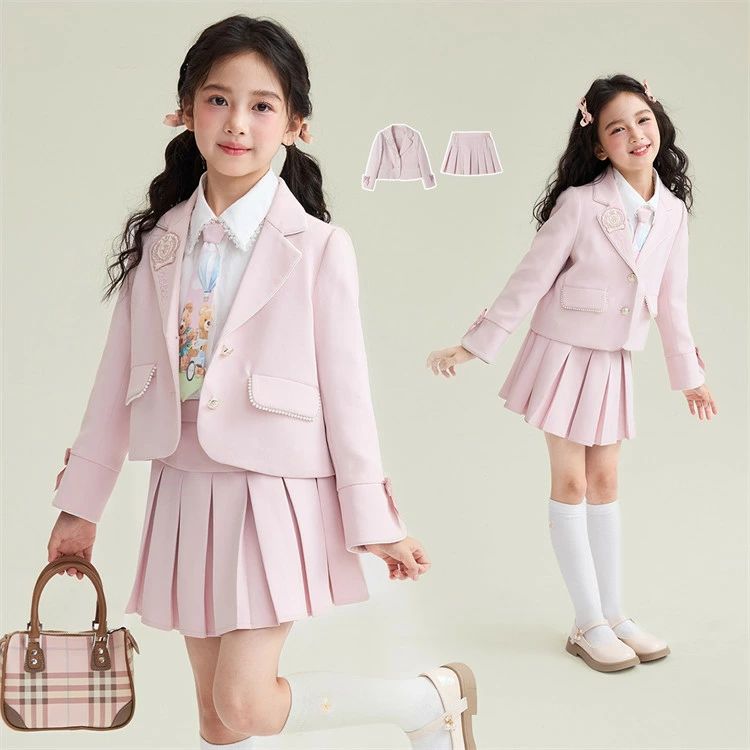 子供スーツセット フォーマルジュニア 女の子スーツ 学院風 JK ブレザー ジャケット 2点セット スカート セットアップ ピンク 春秋 通学 スクール 日常 学校 舞台 ステージ 発表会 制服 おしゃれ かわいい カレッジ 韓国風 コスチューム 発表会舞台演出服 卒業式