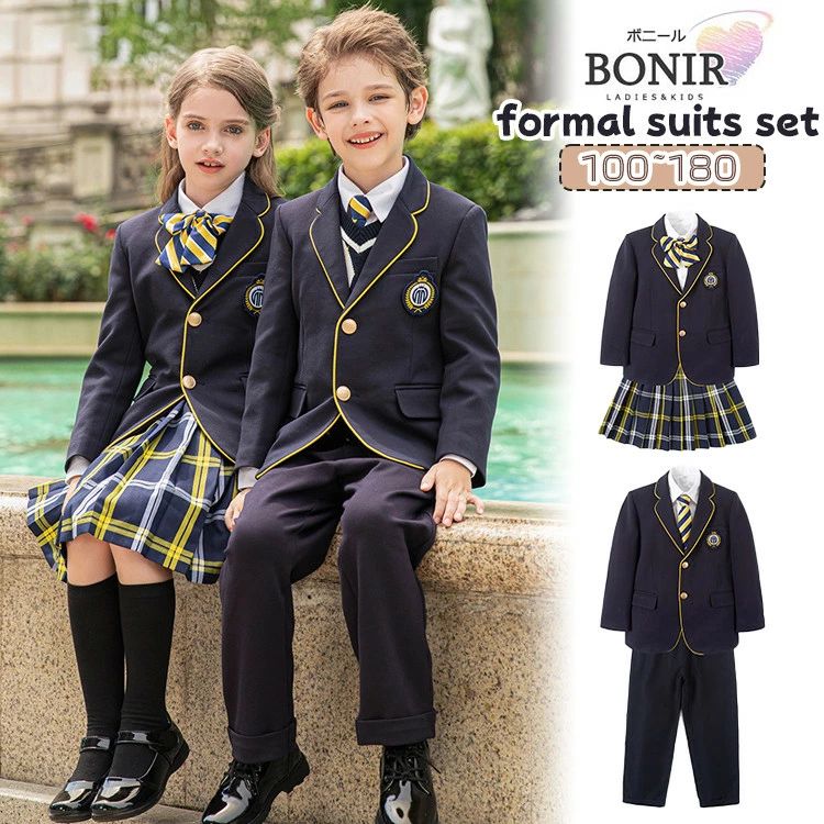 ★卒服 子供服 男の子 女の子 卒業式 スーツ 小学生 ネービー ブレザー ジャケット フォーマルスーツ キッズ 白シャツ 紺色 ズボン 黄色 タータンチェック スカート ネクタイ リボン 中学生 ジュニア 入学式 卒園 入園 七五三 お受験 面接 発表会 100~180