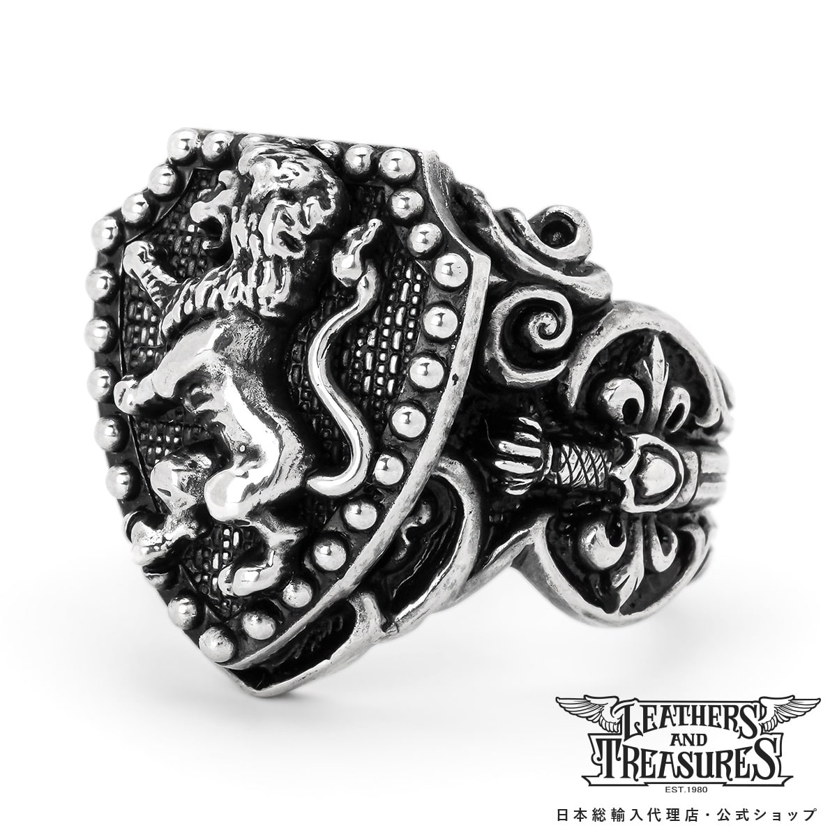 [公式] Leathers and Treasures レザーズアンドトレジャーズ クレストリング 2nd テクスチャークレスト w/ライオン メンズ レディース アクセサリー ジュエリー レザトレ