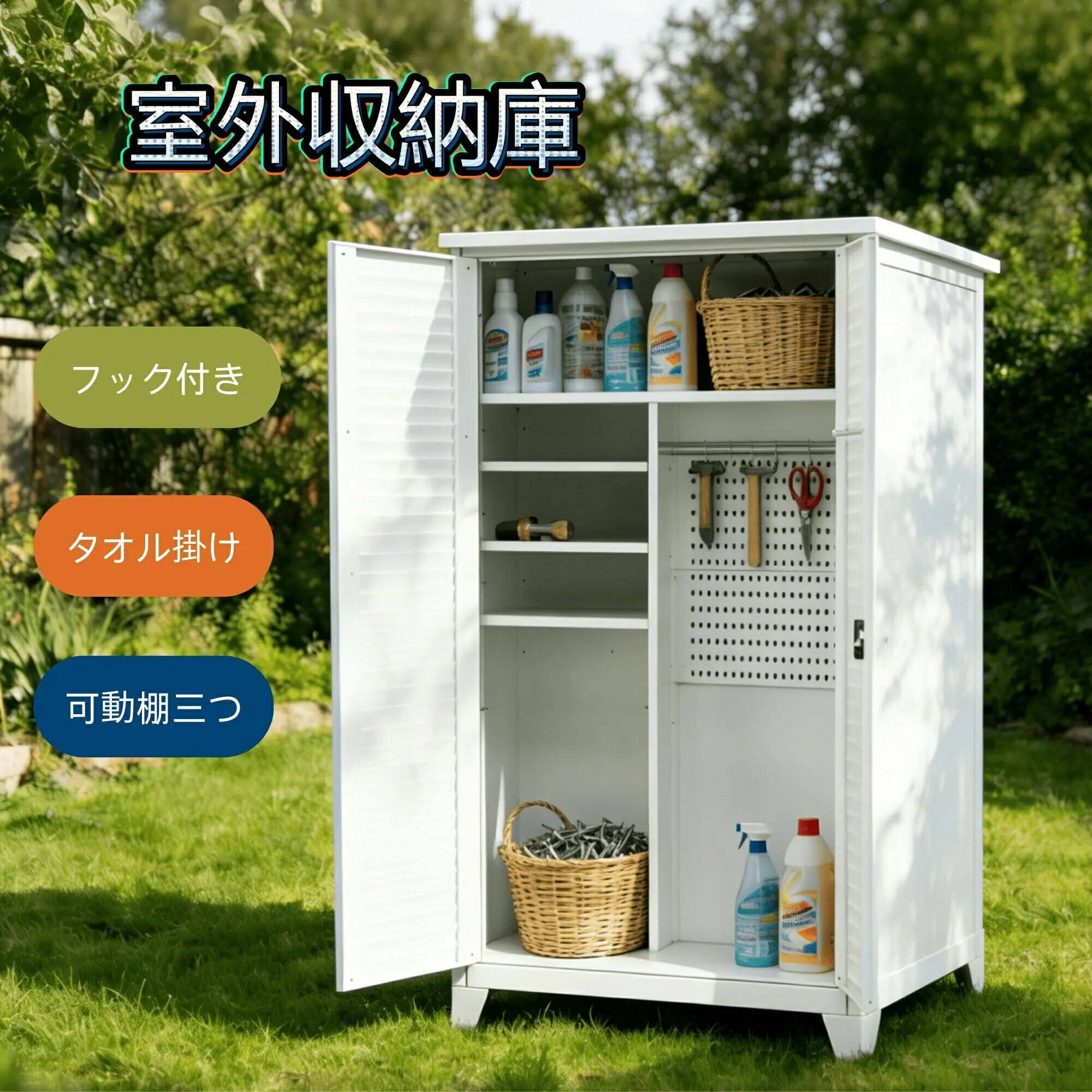 屋外大型収納庫 高さ185cm 両開きドア 鍵付き 収納ボード/収納ポール/タオル掛け付き 戸外物置倉庫 室外収納キャビネット 掃除用具ロッカー