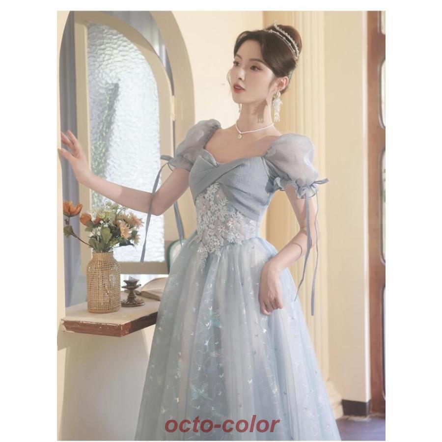 イブニングドレス ブルー 花柄 チュール ロングドレス 姫系 お姫様 発表会ドレス パフスリーブ 結び付き 結婚式ドレス 二次会ドレス お呼ばれ 成人式ドレス|ビジュー