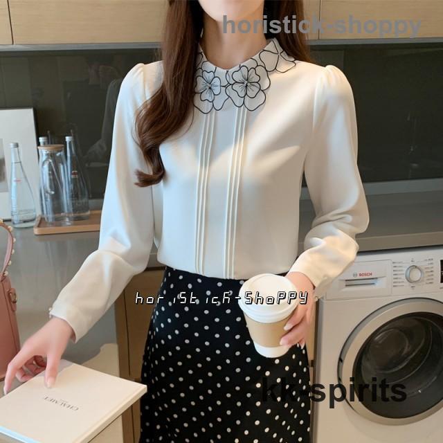 トップ レディース 長袖 照明ランプ色つやトップ トップス 花画題 襟 通い服 事務室 大層らしい大きさ 3L 韓国 流行り物 雅びやか 春 秋