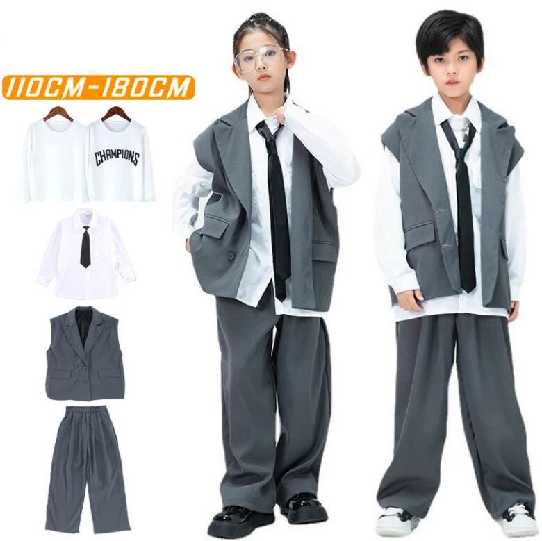 送料無料 灰色 パンツスーツ ベスト パンツ グレー 灰 白 長袖 tシャツ シャツ セットアップ ゆったり ワイドパンツ ジャズダンス キッズ ダンス衣装 男の子 女の子 jazz かっこいい おしゃれ ヒップホップ ポッピング 演出服 団体服 練習着 韓国 パフォーマンス衣装｜ビーバーム 36,270円