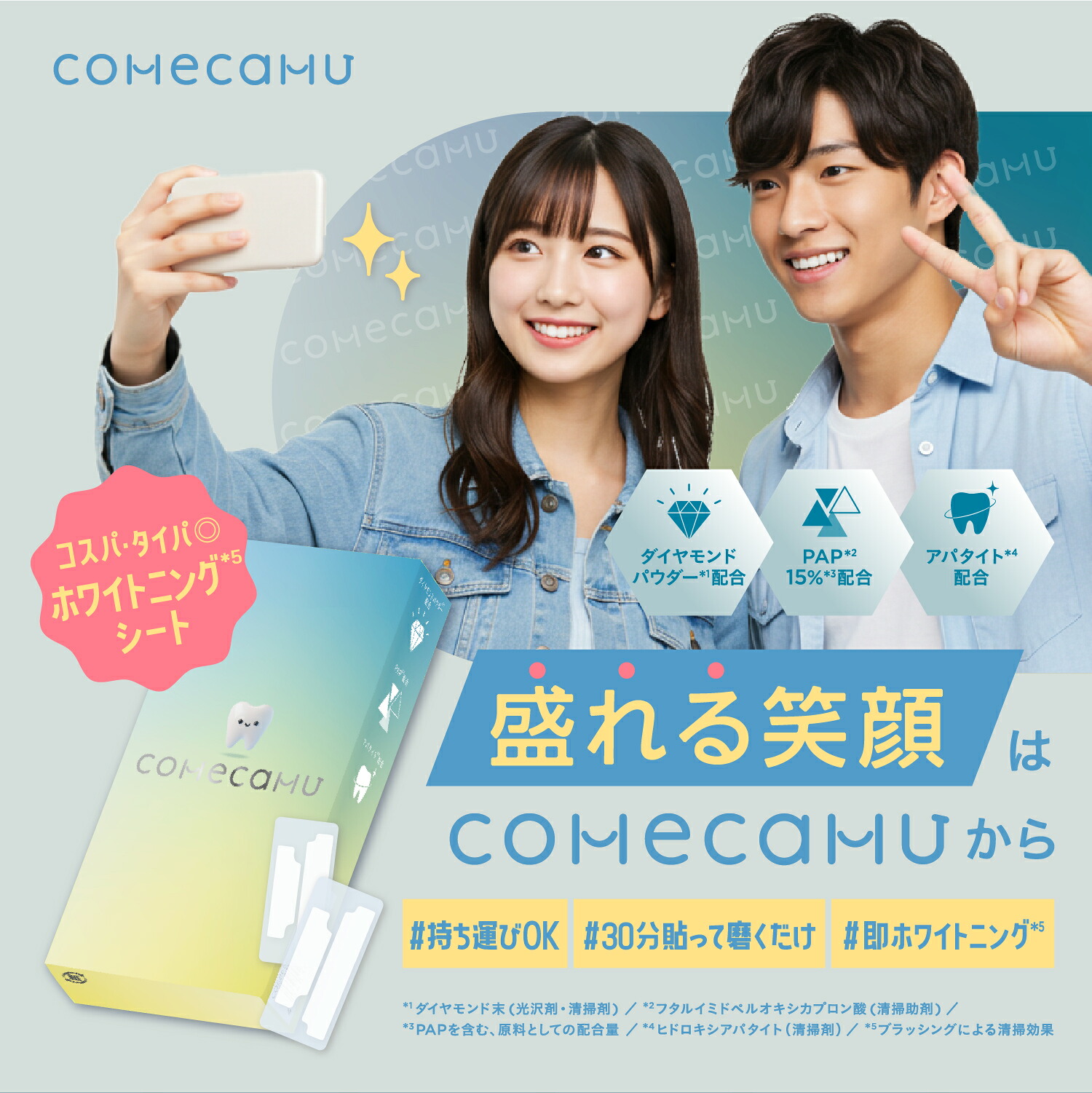 4箱 カムカム comecamu はみがきシート 7枚入 ×4箱 4週間分 1ヶ月 ホワイトニング ホワイトニングシート 集中ケア オーラルケア セルフケア 黄ばみ 歯 ホームホワイトニング 貼るだけ 簡単 コスパ 安い 粧美堂 SHOBIDO
