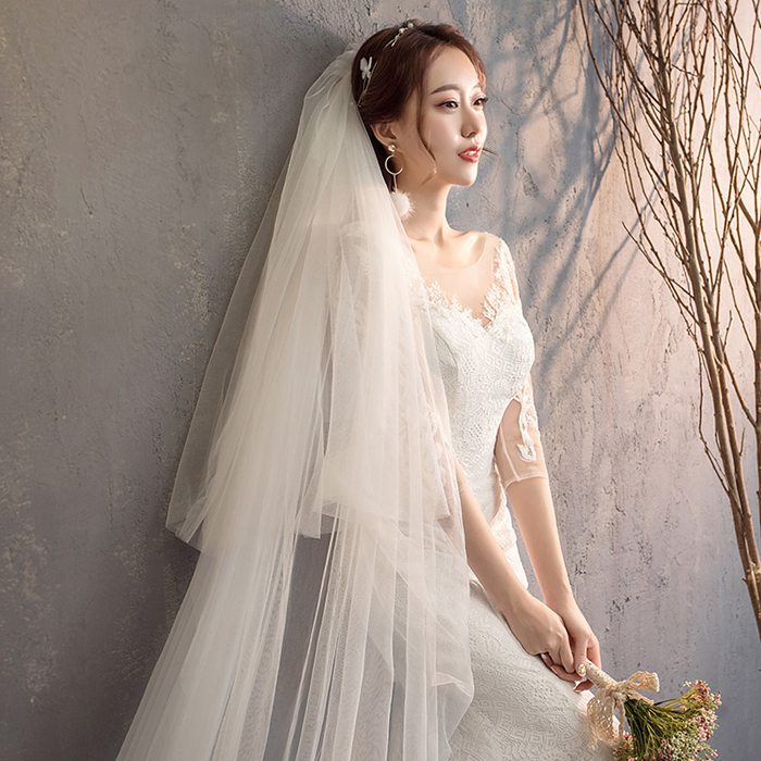 ウエディングドレス マーメイド Aラインドレス レース袖あり 花嫁ドレス 二次会ドレス 総レースドレス オフショルター