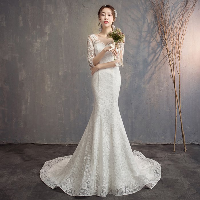 ウエディングドレス マーメイド Aラインドレス レース袖あり 花嫁ドレス 二次会ドレス 総レースドレス オフショルター